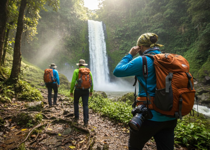 Hikers on muddy trail approaching Costa Rica waterfall