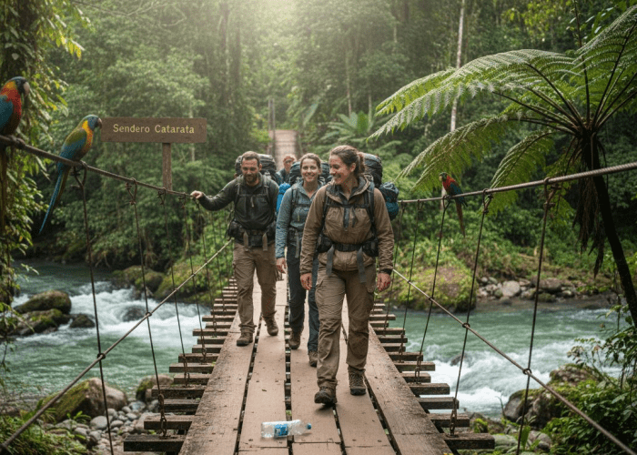 Travelers trekking over Costa Rica jungle bridge