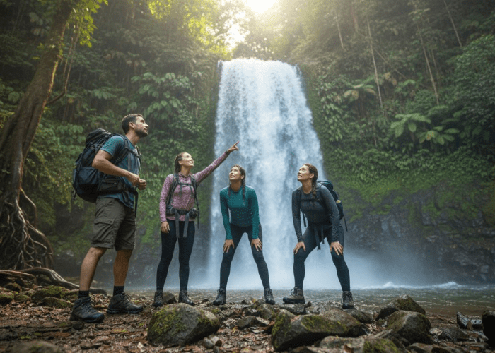 Adventure group at lush rainforest waterfall base