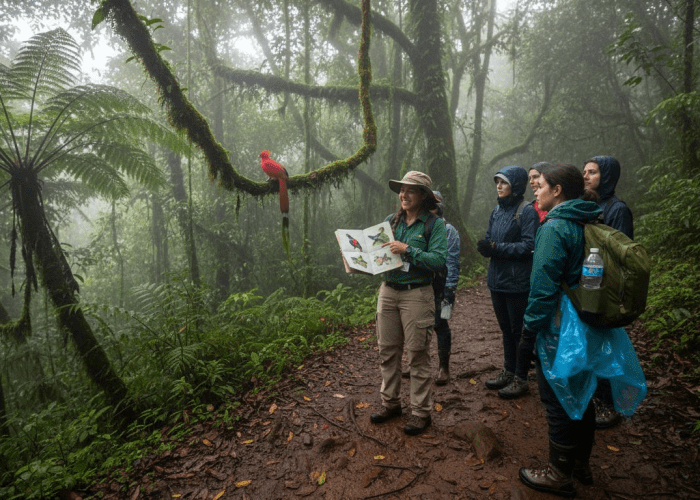 Tour group walking through Costa Rica rainforest