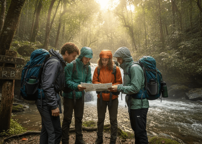 Adventurers with checklist at Costa Rica waterfall
