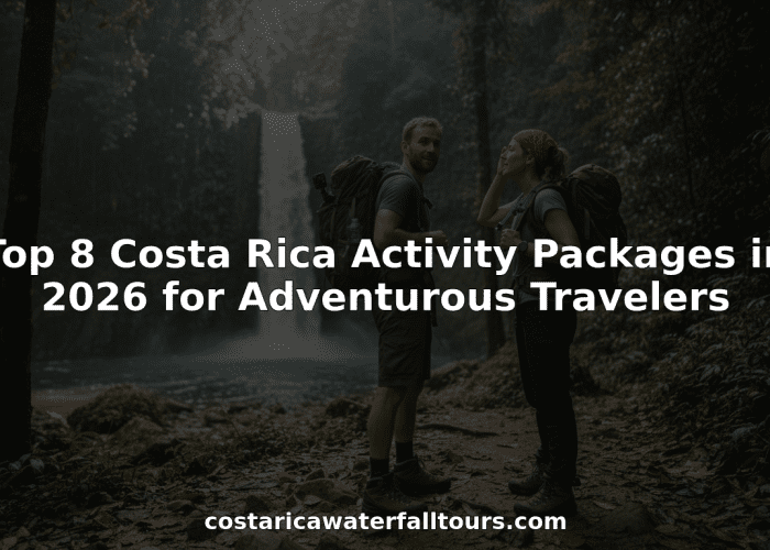 Travelers at rainforest waterfall in Costa Rica