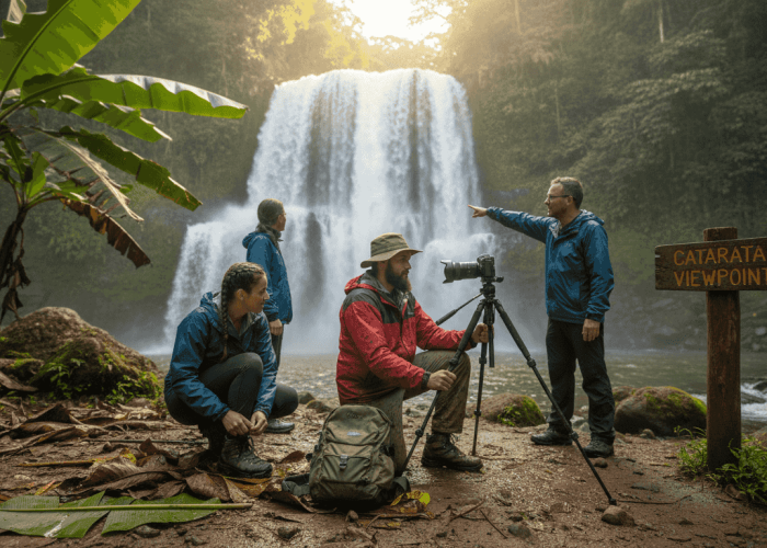 Hikers at Costa Rican waterfall at sunrise