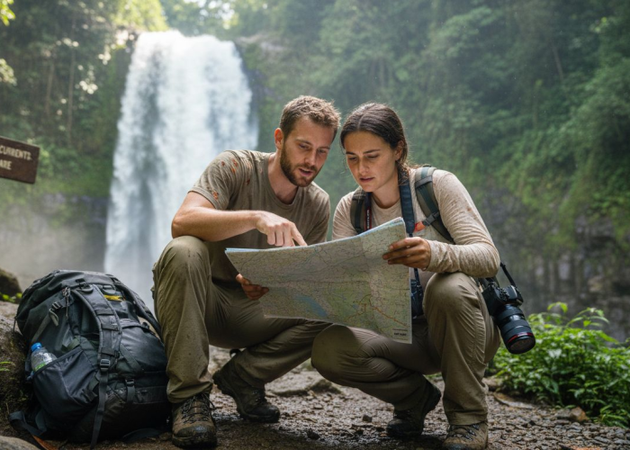 Beginners planning by Costa Rica waterfall