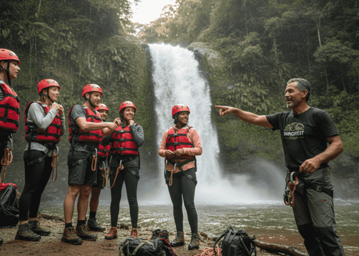 Hiking group at base of rainforest waterfall