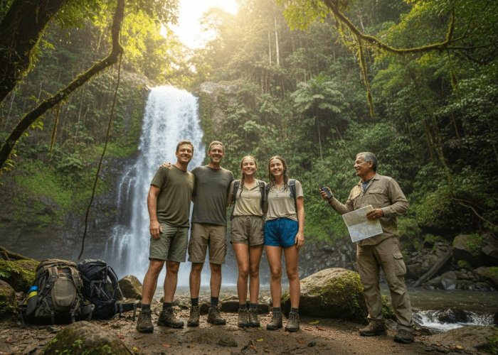 Travelers at waterfall with guide in rainforest