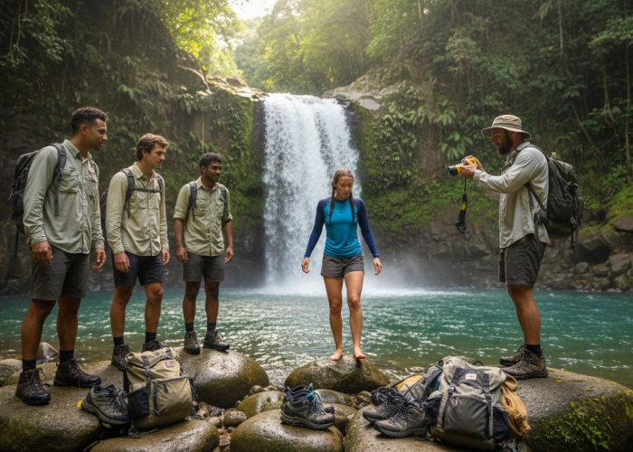 Travelers exploring Jacó waterfall base