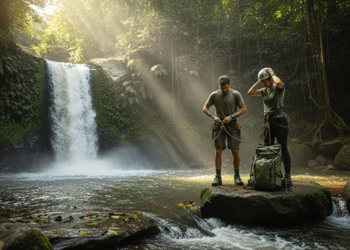Adventurers gearing up at Jacó waterfall base