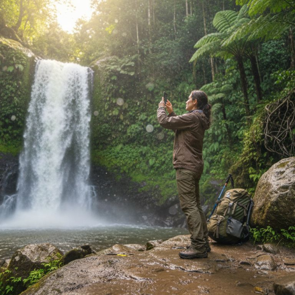 Hiker enjoys waterfall in rainforest setting