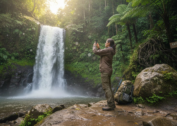 Hiker enjoys waterfall in rainforest setting