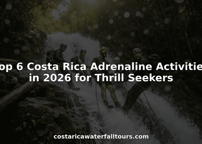 Travelers rappelling down waterfall in lush rainforest