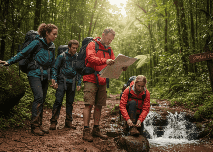 Hiking group navigating rainforest trail with guide