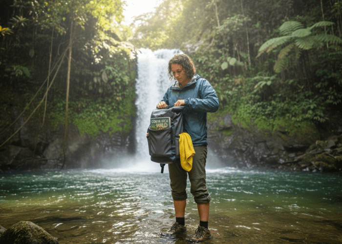 Traveler checking gear near Costa Rica waterfall