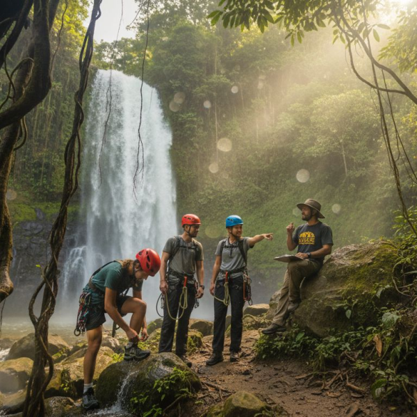 Friends with guide at Jaco waterfall base