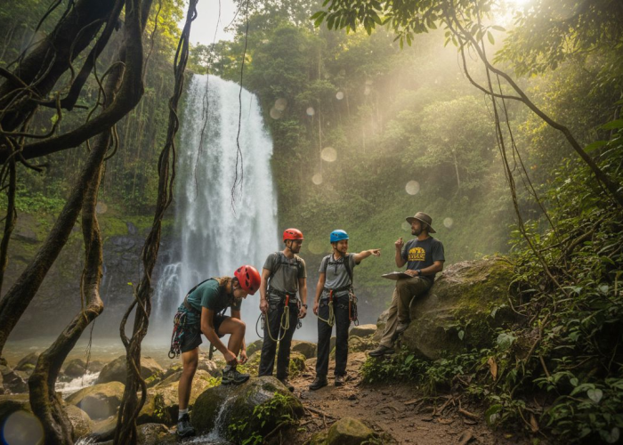 Friends with guide at Jaco waterfall base