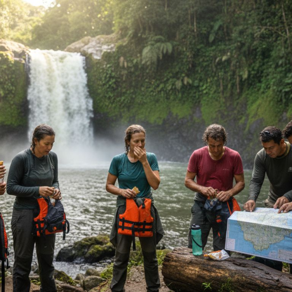 Tour group near rainforest waterfall in Costa Rica