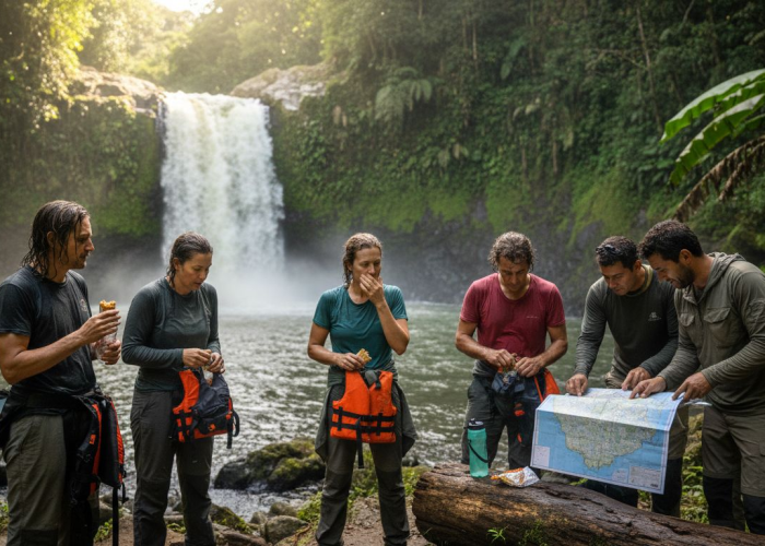 Tour group near rainforest waterfall in Costa Rica