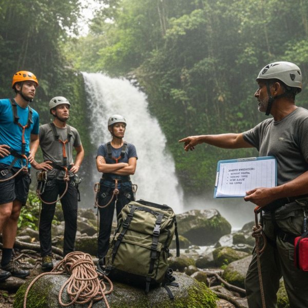 Tourists get safety briefing at Jacó waterfall