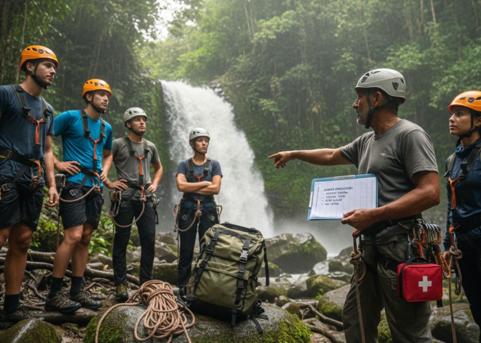 Tourists get safety briefing at Jacó waterfall