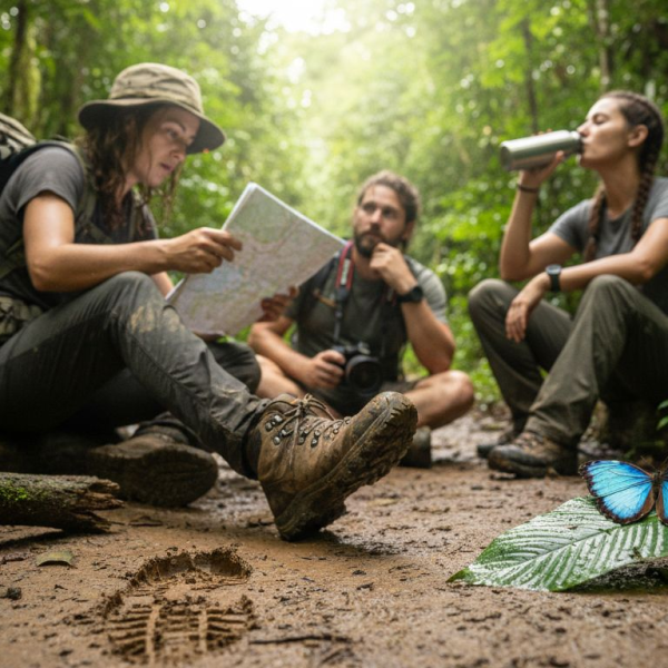 Hikers on muddy Costa Rica rainforest trail