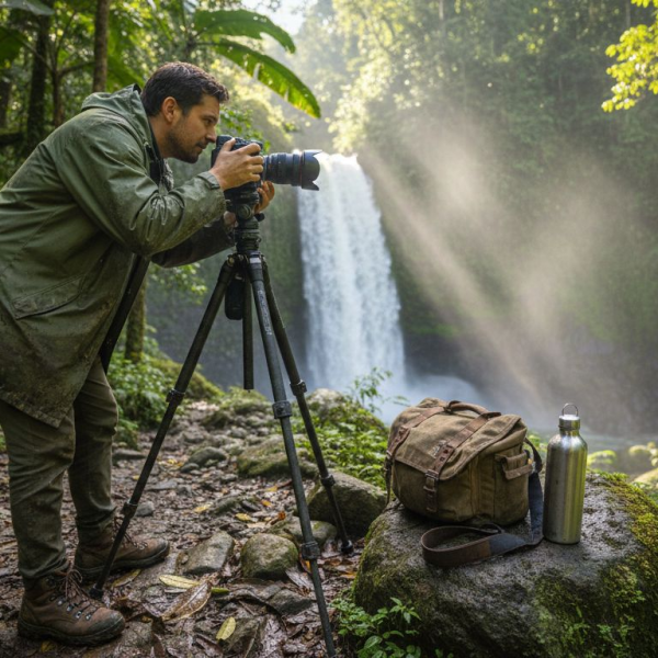 Photographer setting up tripod near Costa Rica waterfall