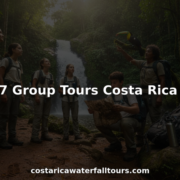 Group tour exploring Costa Rican rainforest waterfall