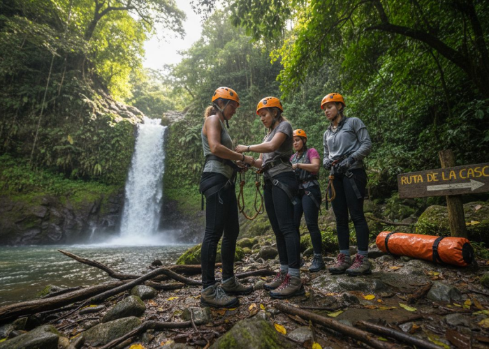 Guide assists travelers near Costa Rican waterfall