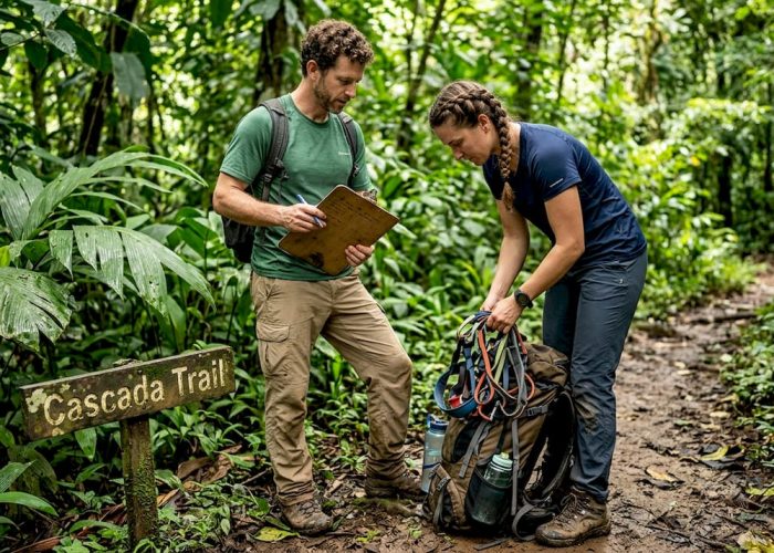 Adventure guides preparing gear on rainforest trail