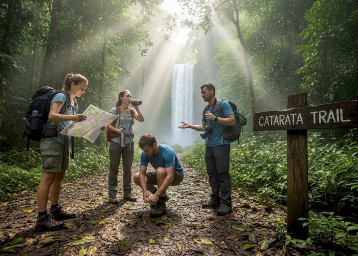 Travelers hiking toward Costa Rica waterfall