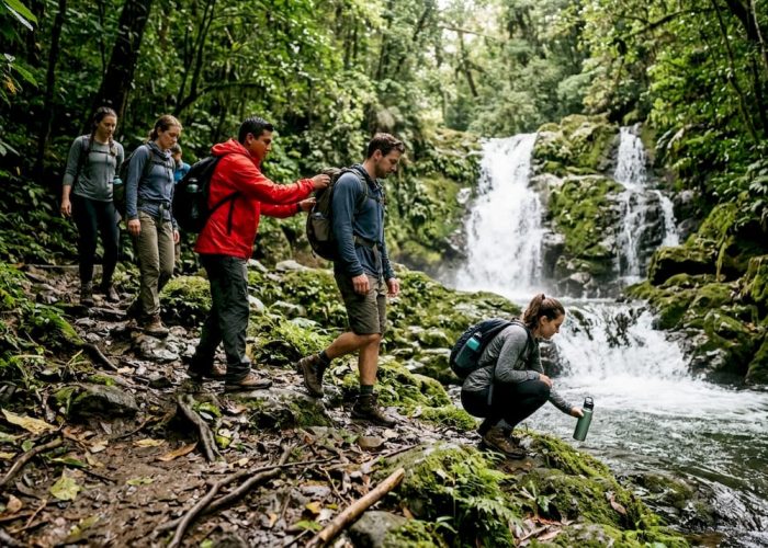 Guided group hiking near Costa Rica waterfall