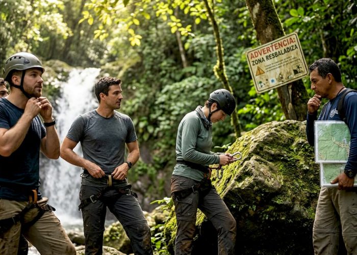 Small tour group prepares by Jacó waterfall
