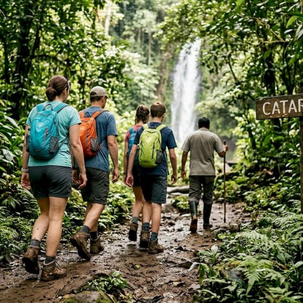 Travelers hiking toward Costa Rica jungle waterfall