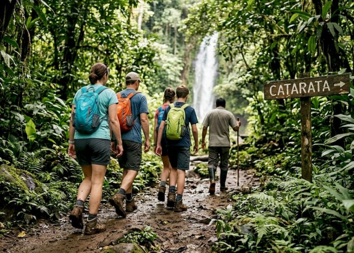 Travelers hiking toward Costa Rica jungle waterfall
