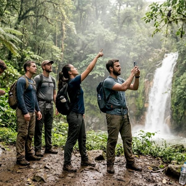 Tourists hiking to rainforest waterfall in Costa Rica