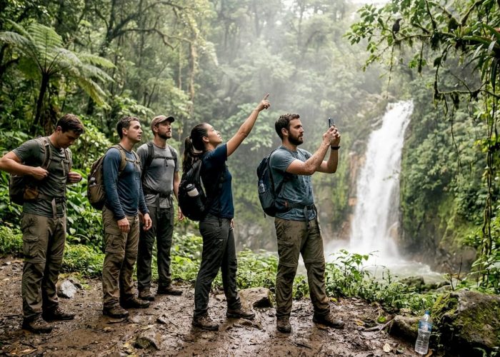 Tourists hiking to rainforest waterfall in Costa Rica