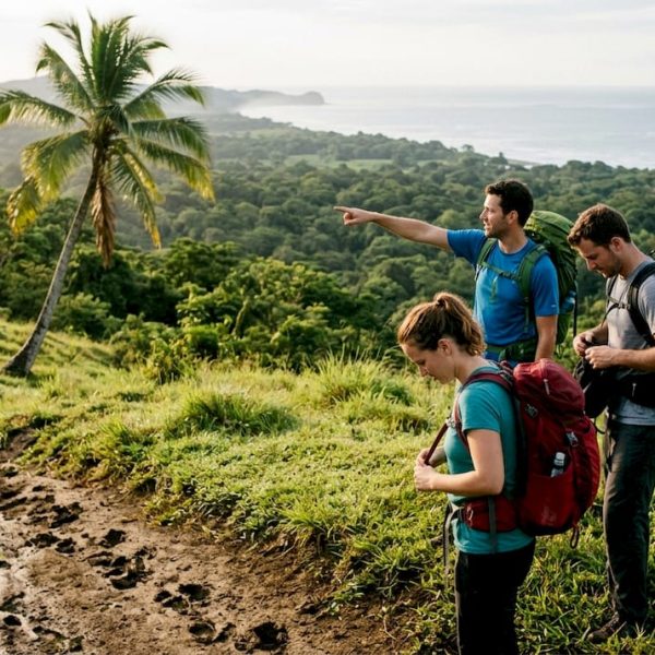 Travelers overlooking Jacó jungle and coast