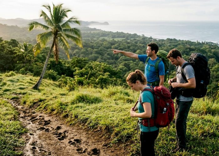 Travelers overlooking Jacó jungle and coast