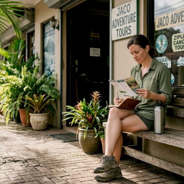 Traveler reviewing waterfall tour options outside