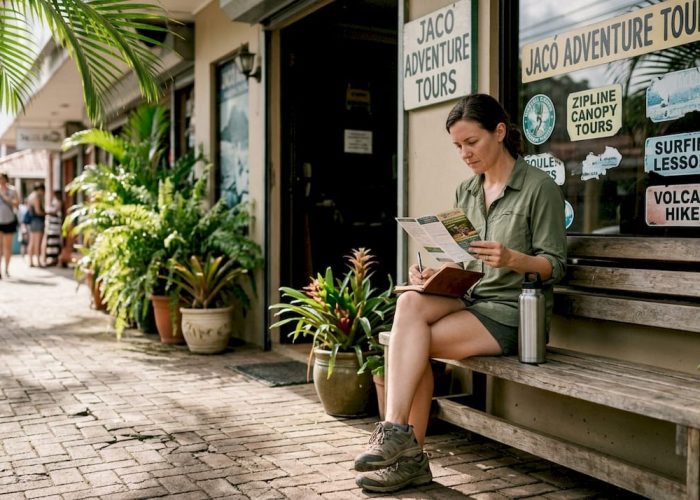 Traveler reviewing waterfall tour options outside