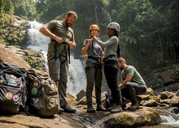 Adventurers preparing at Jacó jungle waterfall