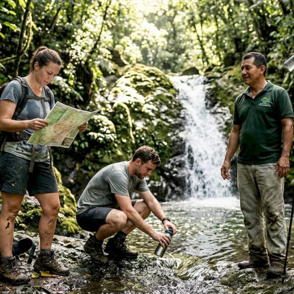 Travelers pause by jungle waterfall canyon