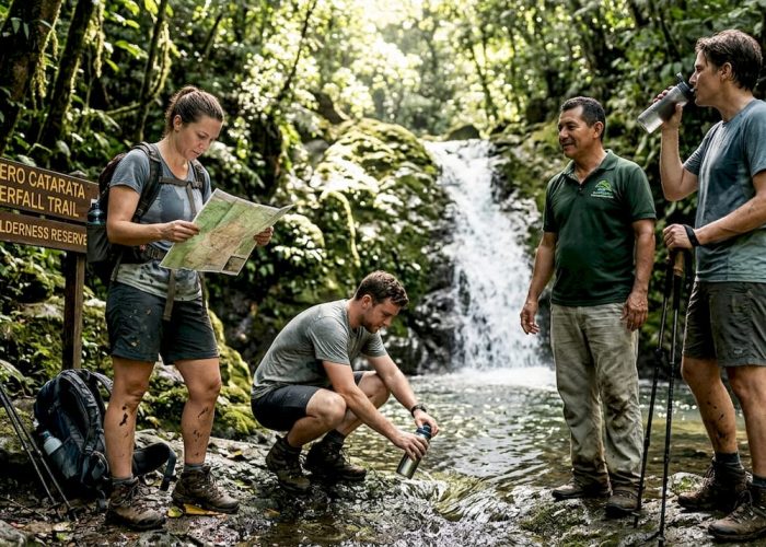 Travelers pause by jungle waterfall canyon