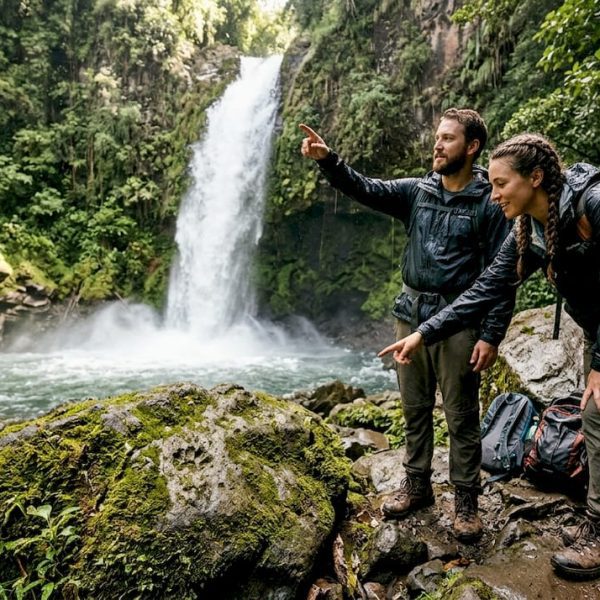 Hikers and guide at Costa Rican waterfall