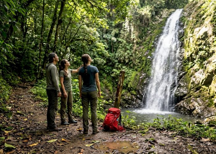 Travelers pause on trail near rainforest waterfall