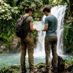 Couple planning waterfall tour by rainforest