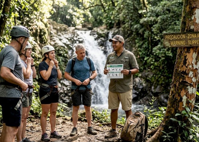 Adventure guide briefing group by Jacó waterfall